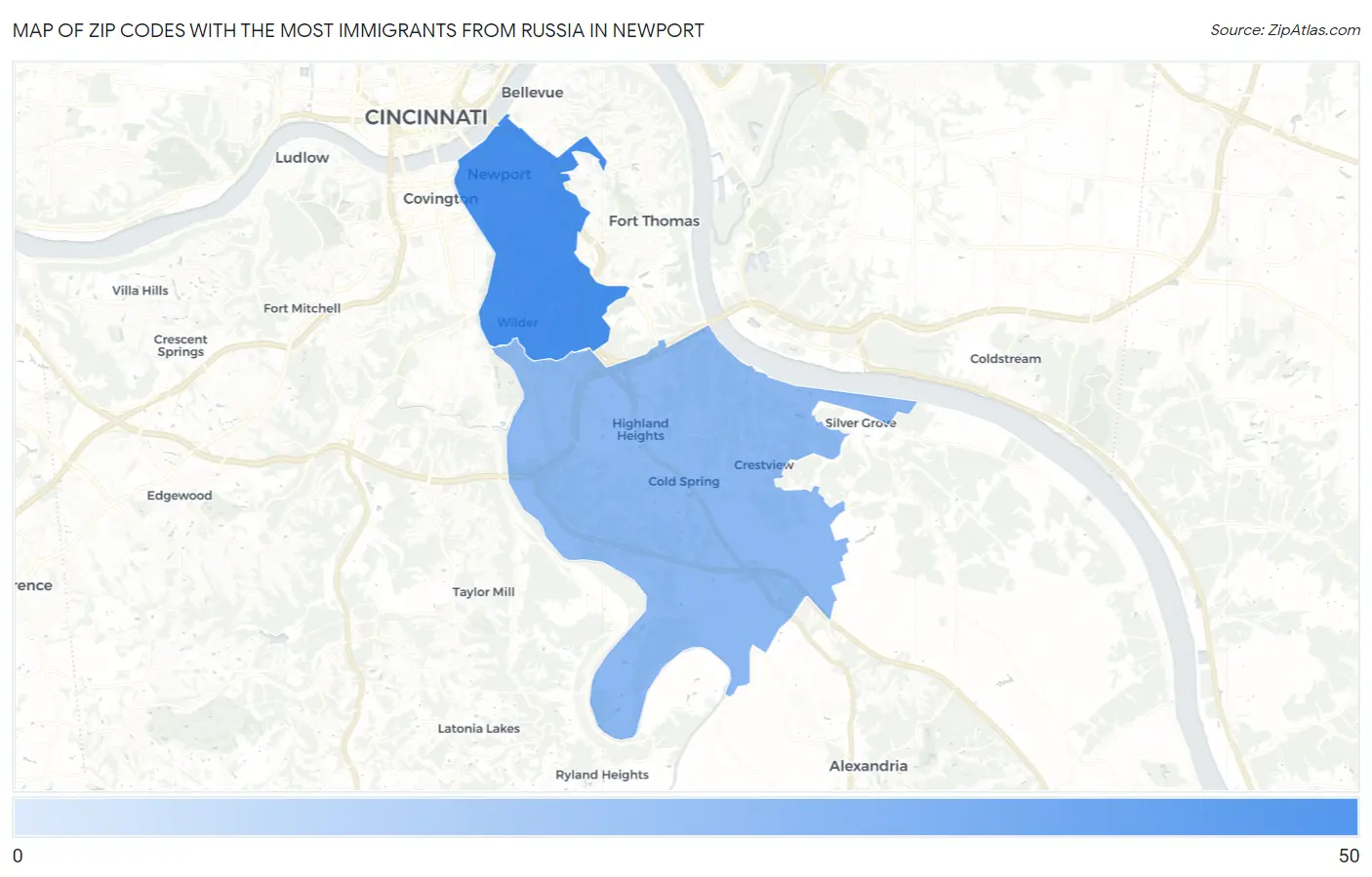 Zip Codes with the Most Immigrants from Russia in Newport Map