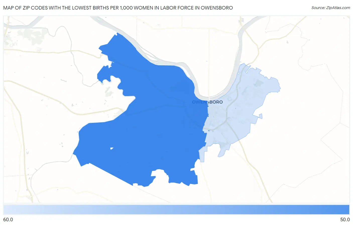 Zip Codes with the Lowest Births per 1,000 Women in Labor Force in Owensboro Map