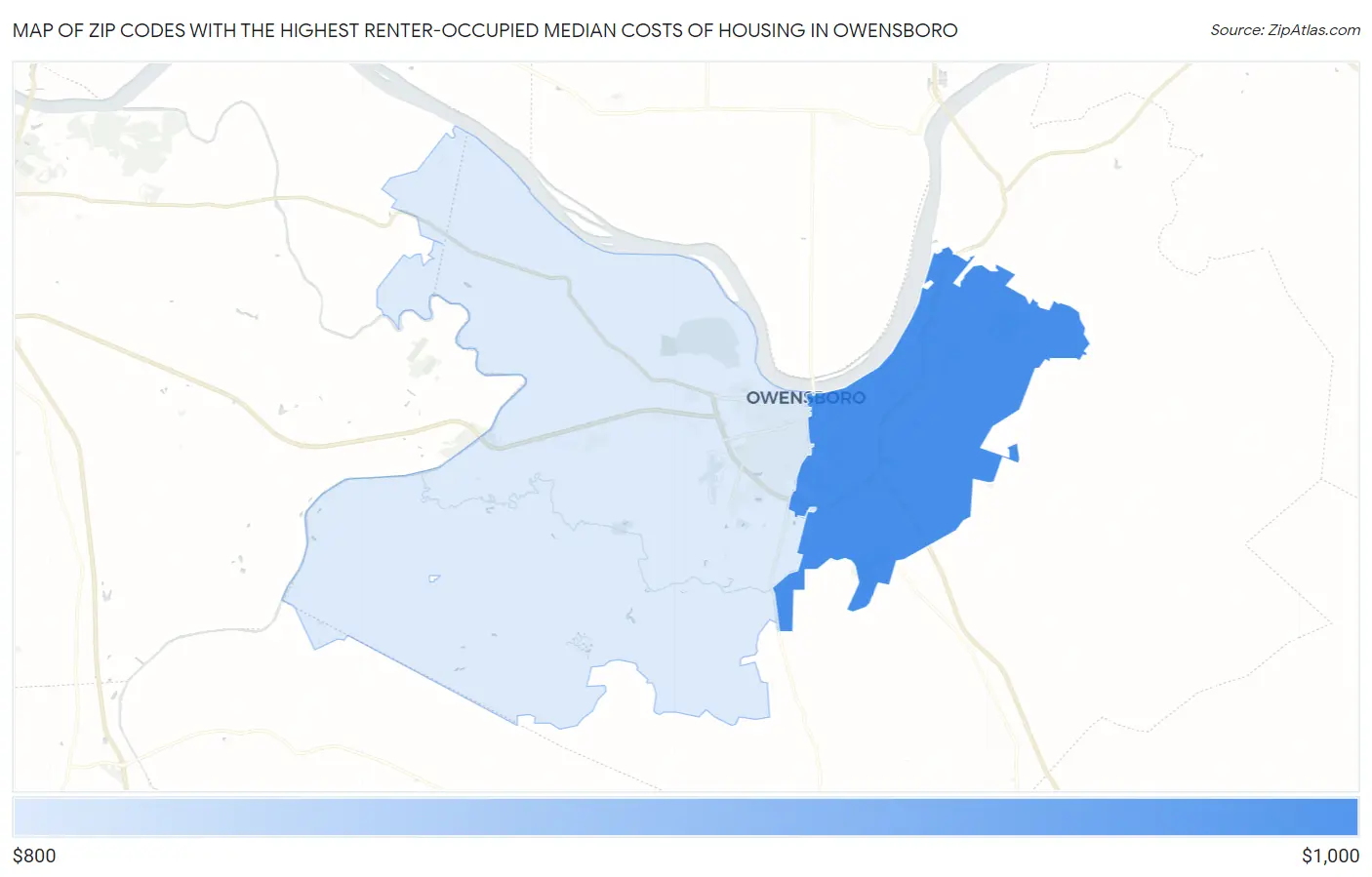 Zip Codes with the Highest Renter-Occupied Median Costs of Housing in Owensboro Map