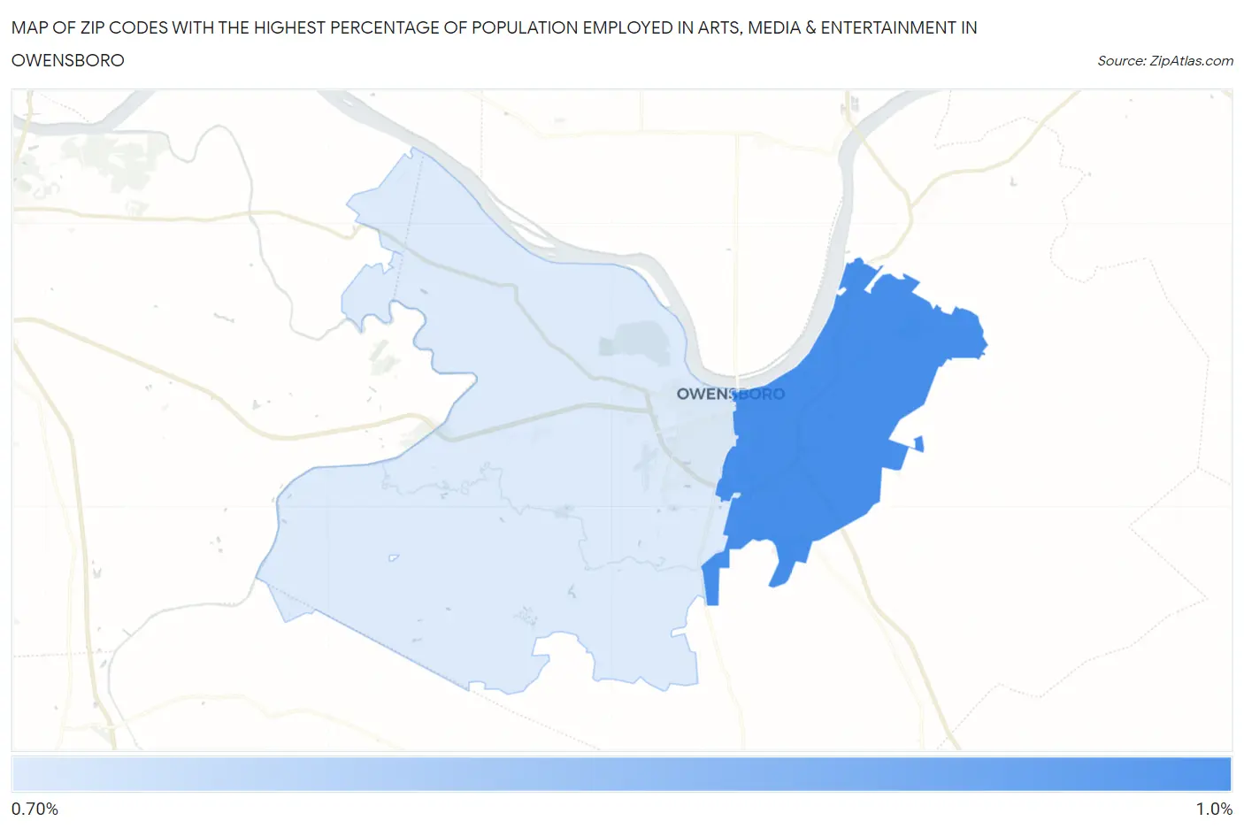 Zip Codes with the Highest Percentage of Population Employed in Arts, Media & Entertainment in Owensboro Map