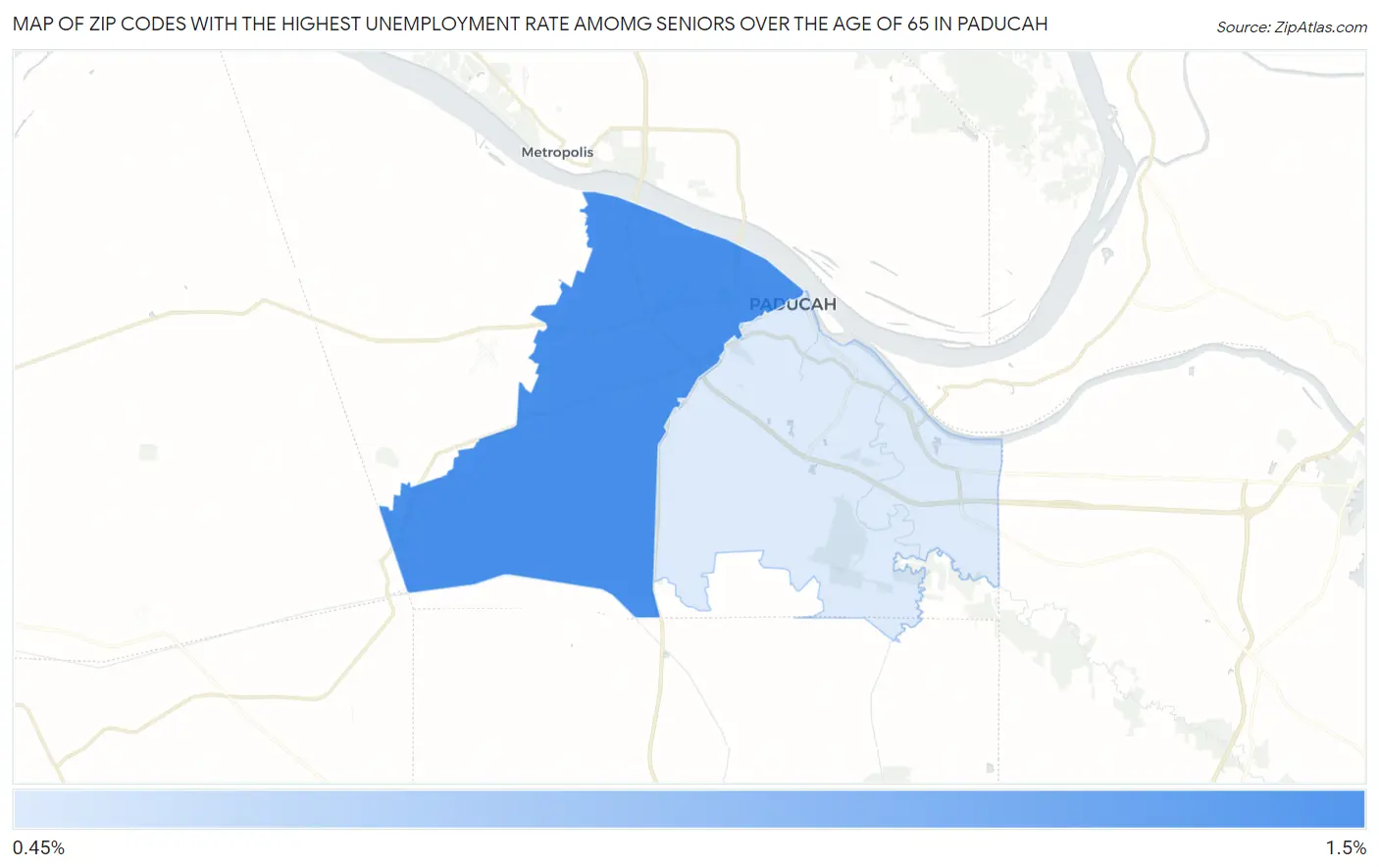 Zip Codes with the Highest Unemployment Rate Amomg Seniors Over the Age of 65 in Paducah Map