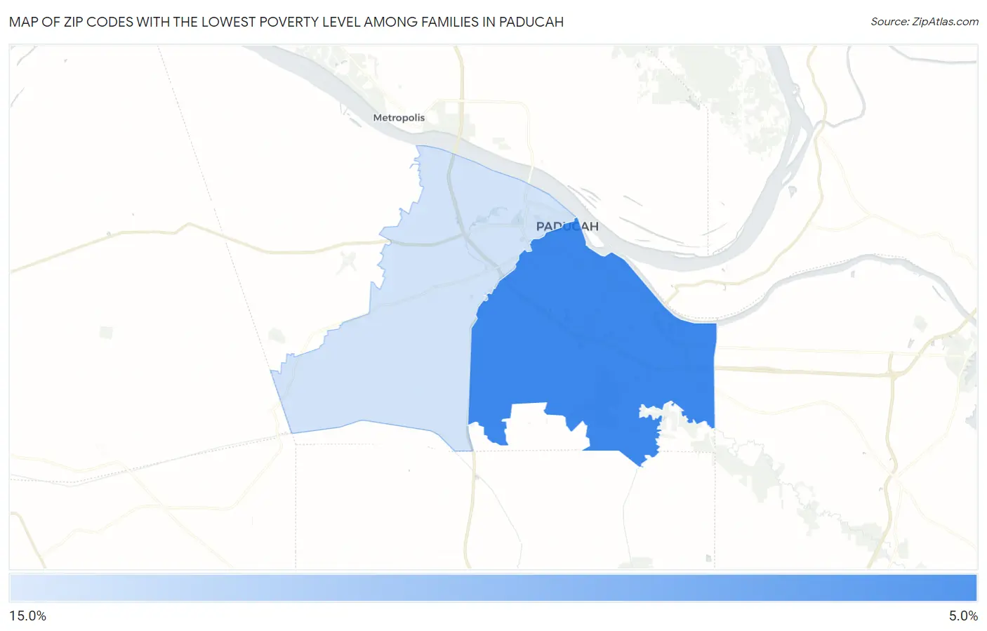 Zip Codes with the Lowest Poverty Level Among Families in Paducah Map