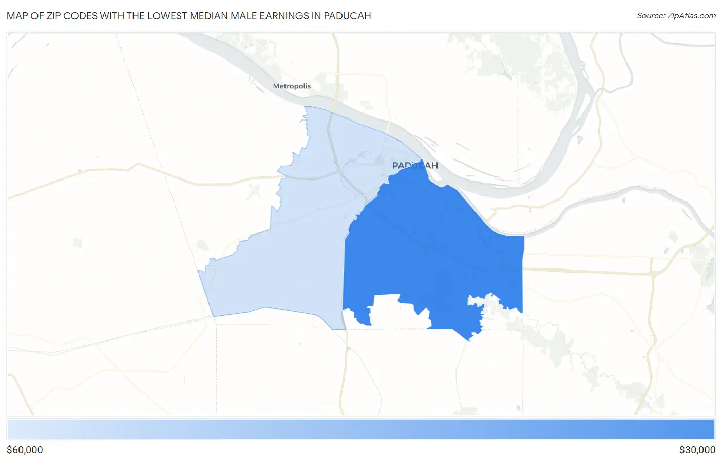 Zip Codes with the Lowest Median Male Earnings in Paducah Map