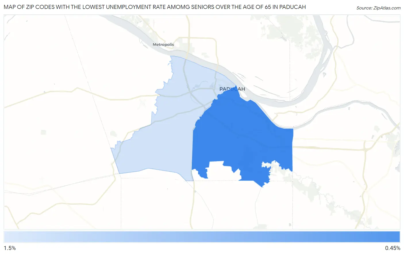 Zip Codes with the Lowest Unemployment Rate Amomg Seniors Over the Age of 65 in Paducah Map