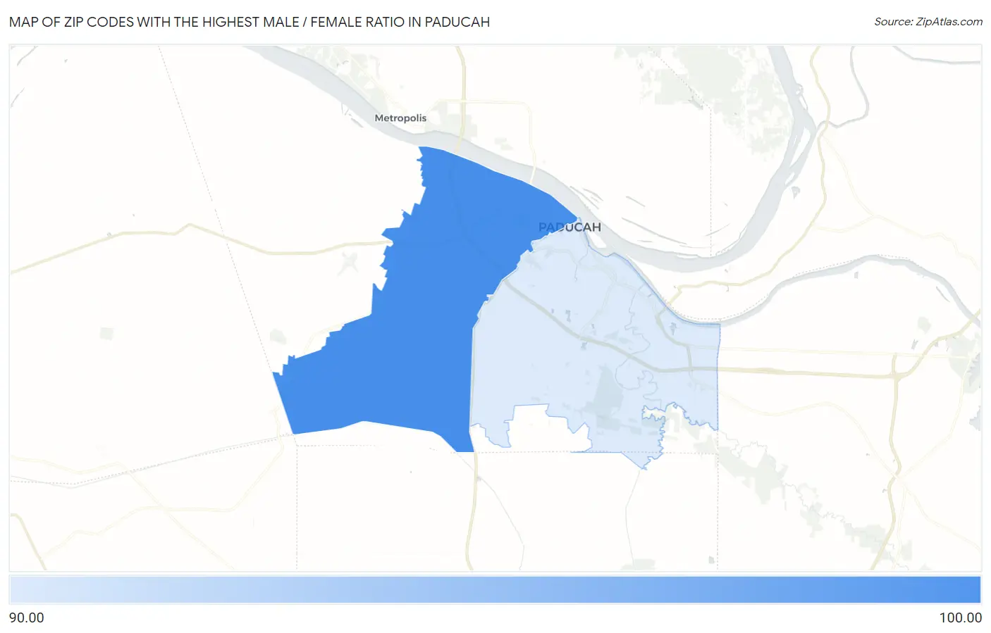 Zip Codes with the Highest Male / Female Ratio in Paducah Map