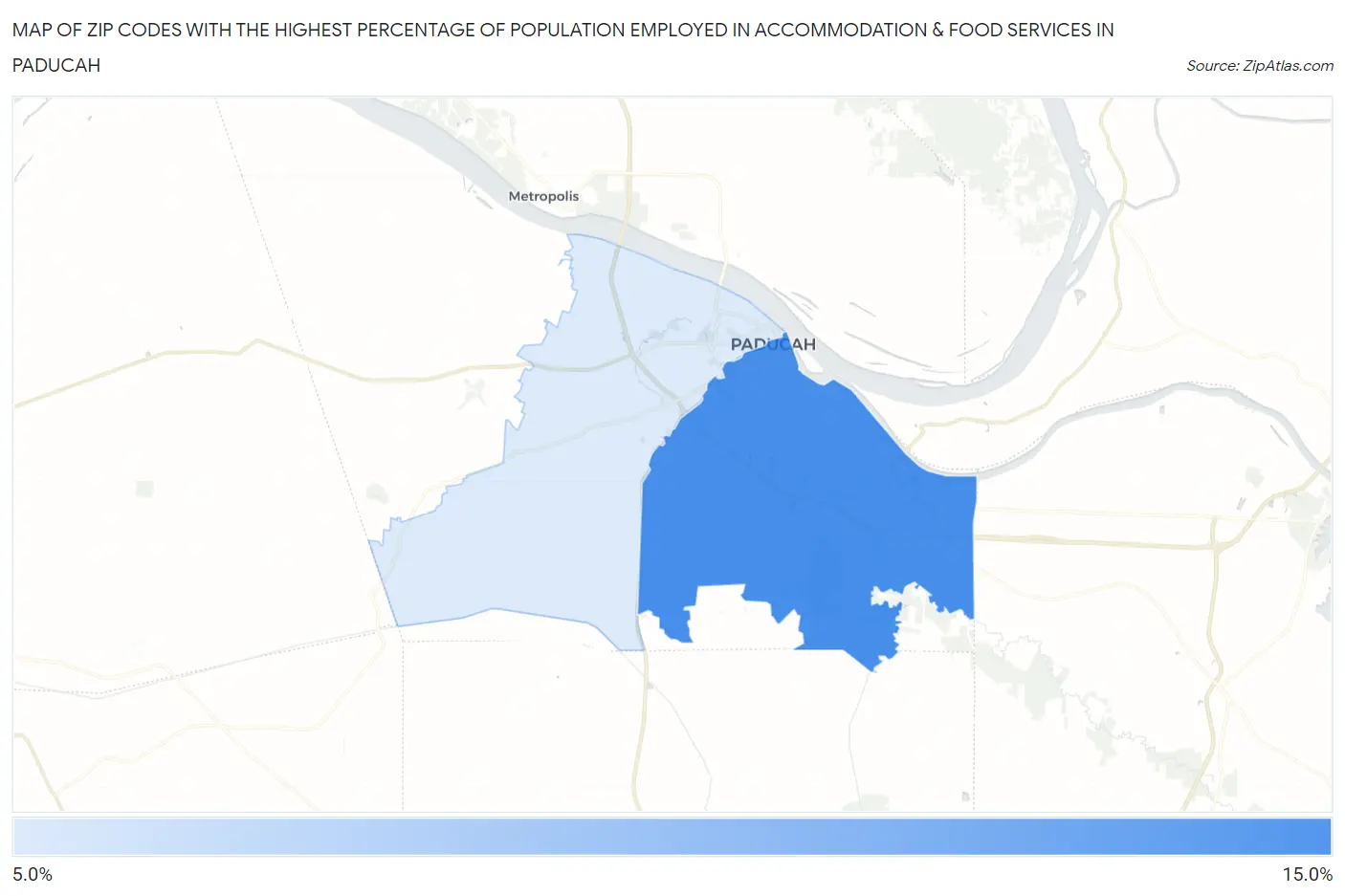 Zip Codes with the Highest Percentage of Population Employed in Accommodation & Food Services in Paducah Map
