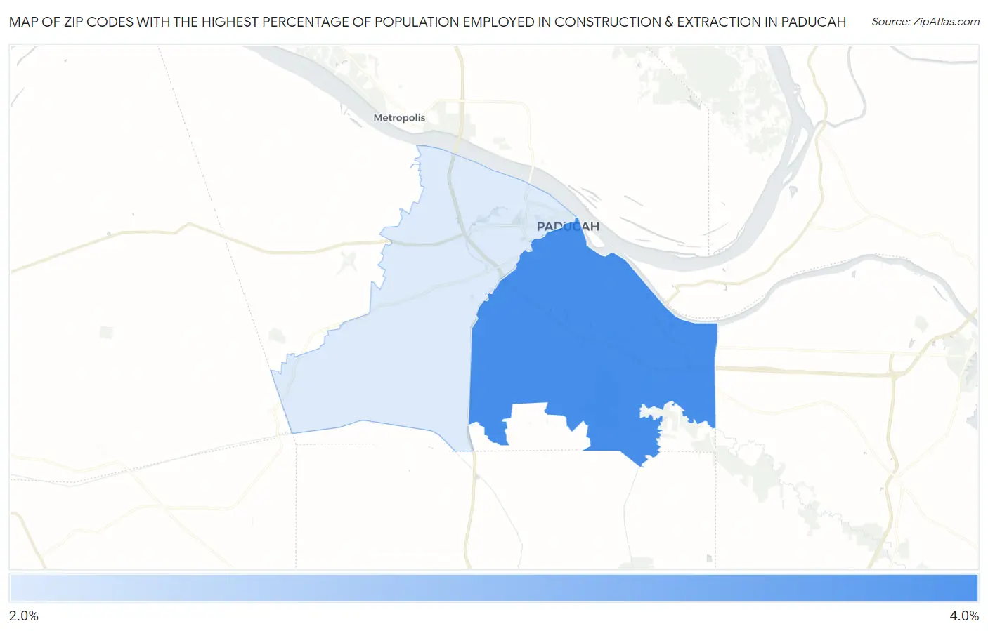 Zip Codes with the Highest Percentage of Population Employed in Construction & Extraction in Paducah Map