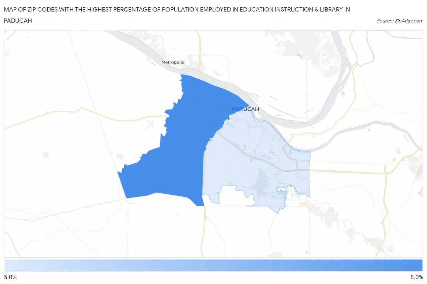 Zip Codes with the Highest Percentage of Population Employed in Education Instruction & Library in Paducah Map