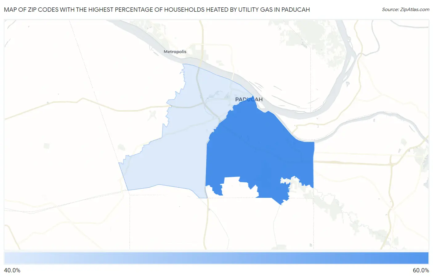 Zip Codes with the Highest Percentage of Households Heated by Utility Gas in Paducah Map