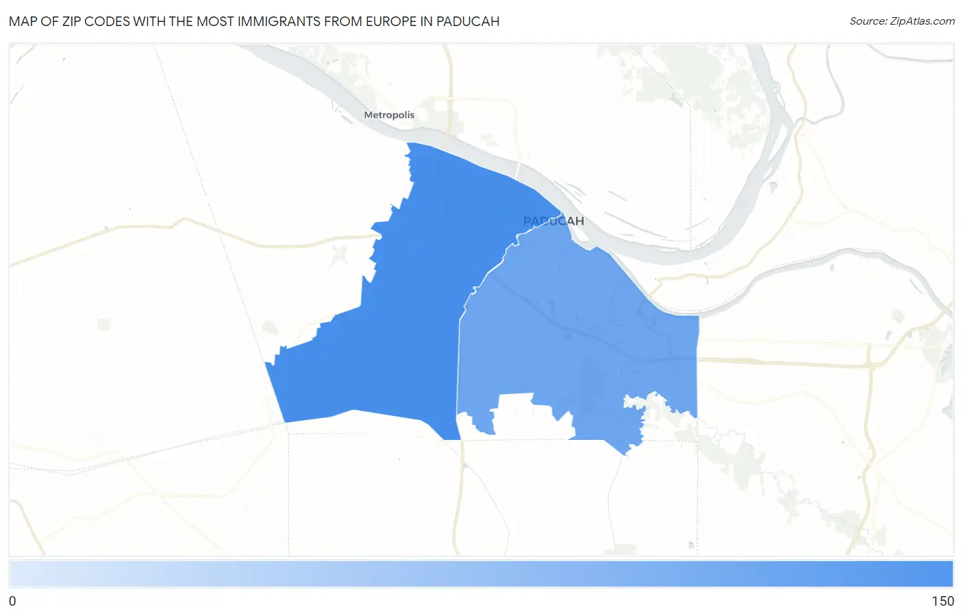 Zip Codes with the Most Immigrants from Europe in Paducah Map