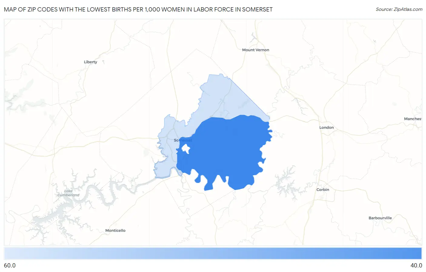 Zip Codes with the Lowest Births per 1,000 Women in Labor Force in Somerset Map