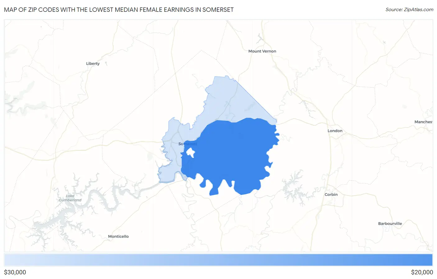 Zip Codes with the Lowest Median Female Earnings in Somerset Map