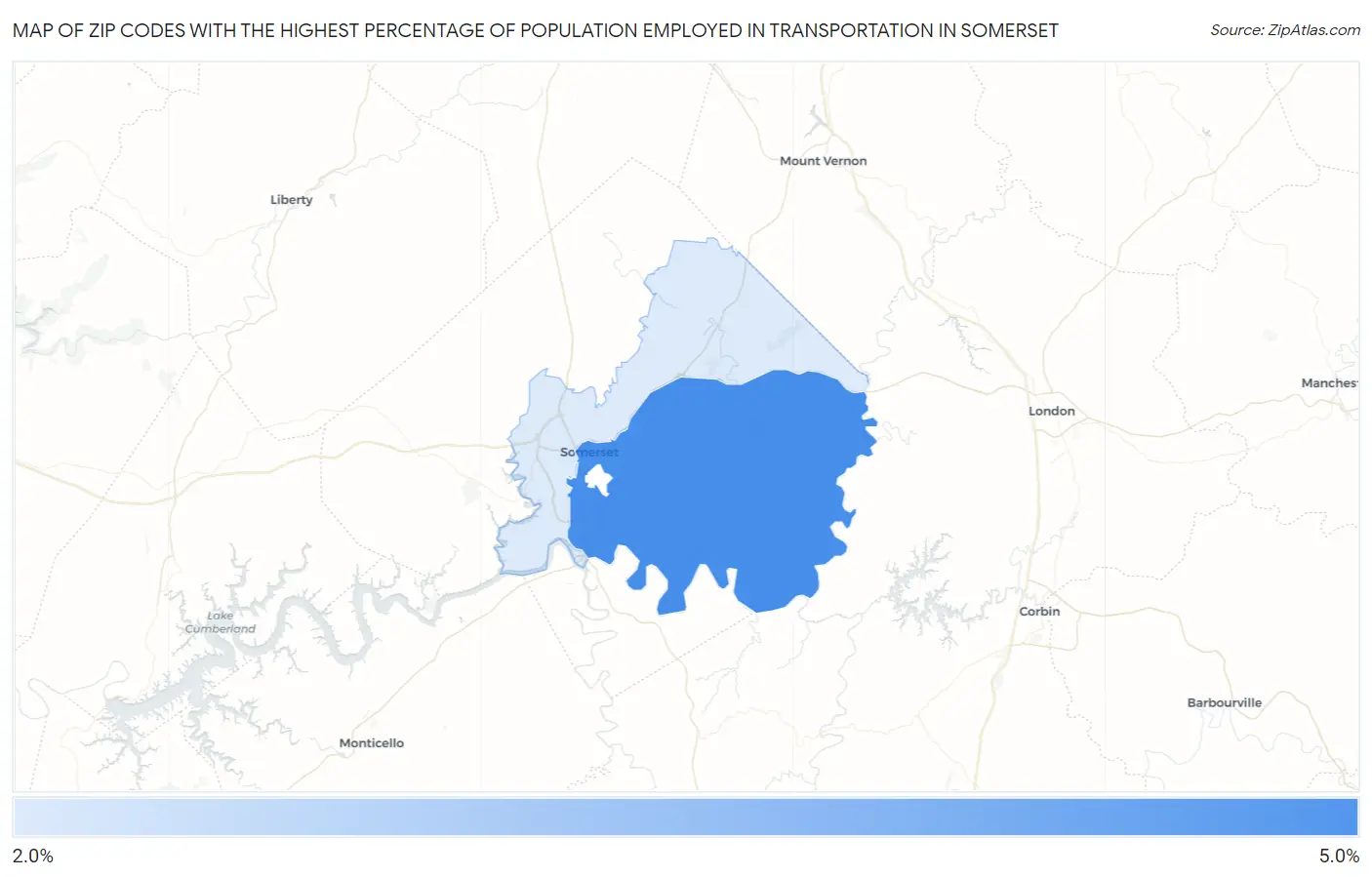 Zip Codes with the Highest Percentage of Population Employed in Transportation in Somerset Map