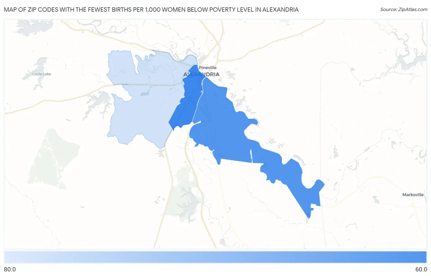 Zip Codes with the Fewest Births per 1,000 Women Below Poverty Level in Alexandria Map