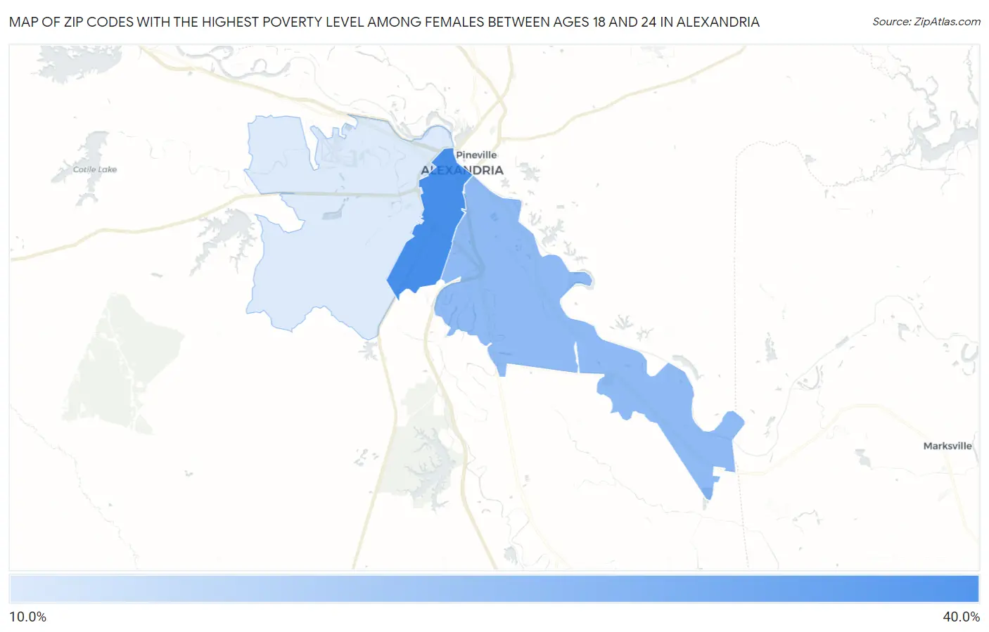 Zip Codes with the Highest Poverty Level Among Females Between Ages 18 and 24 in Alexandria Map