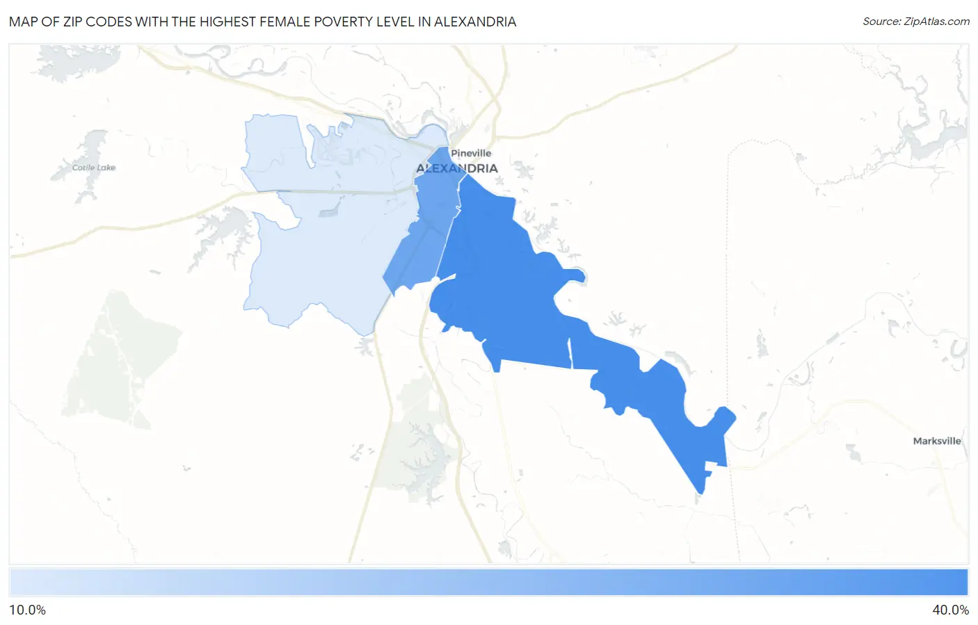 Zip Codes with the Highest Female Poverty Level in Alexandria Map