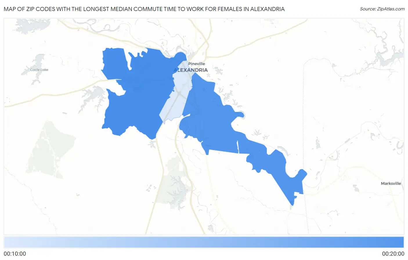 Zip Codes with the Longest Median Commute Time to Work for Females in Alexandria Map