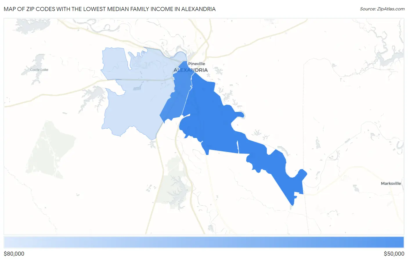Zip Codes with the Lowest Median Family Income in Alexandria Map
