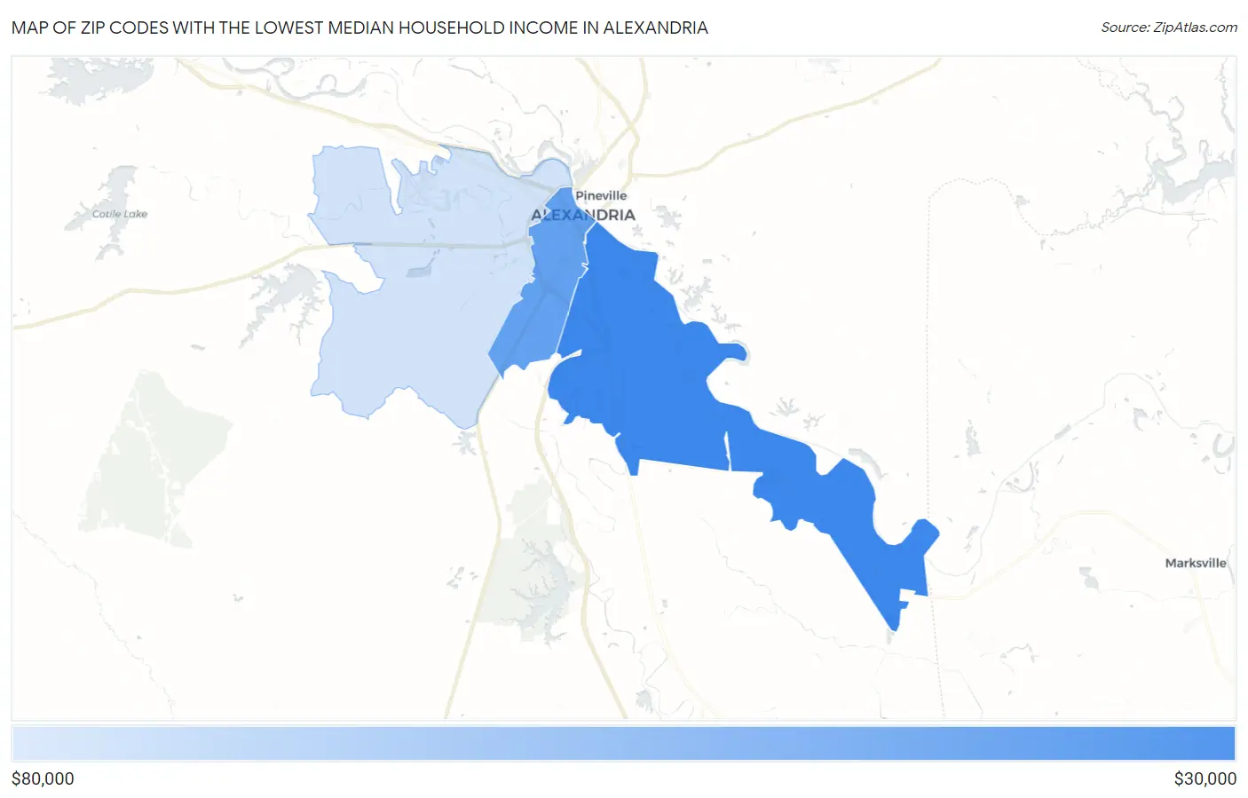 Zip Codes with the Lowest Median Household Income in Alexandria Map