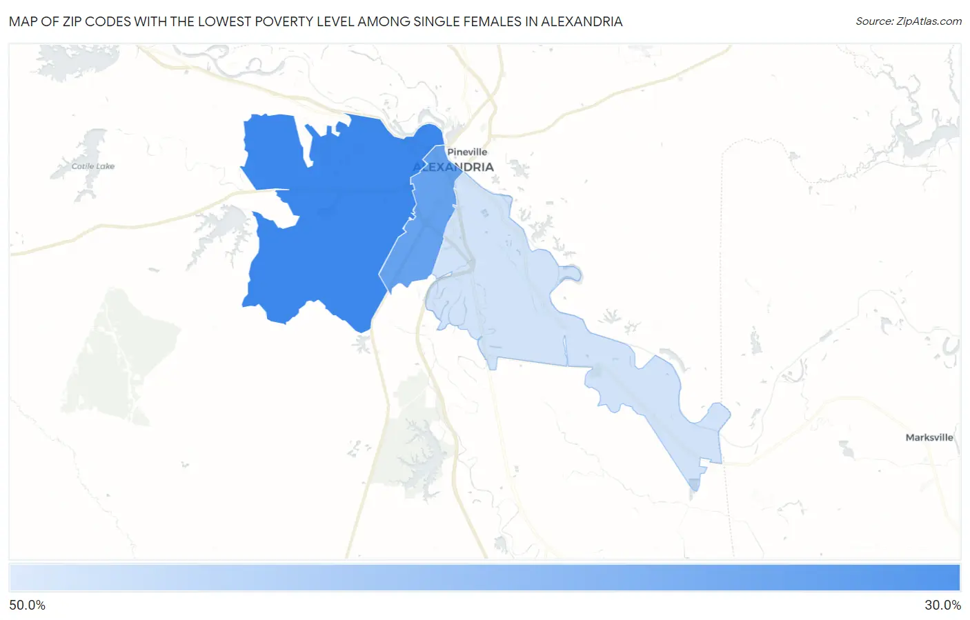 Zip Codes with the Lowest Poverty Level Among Single Females in Alexandria Map