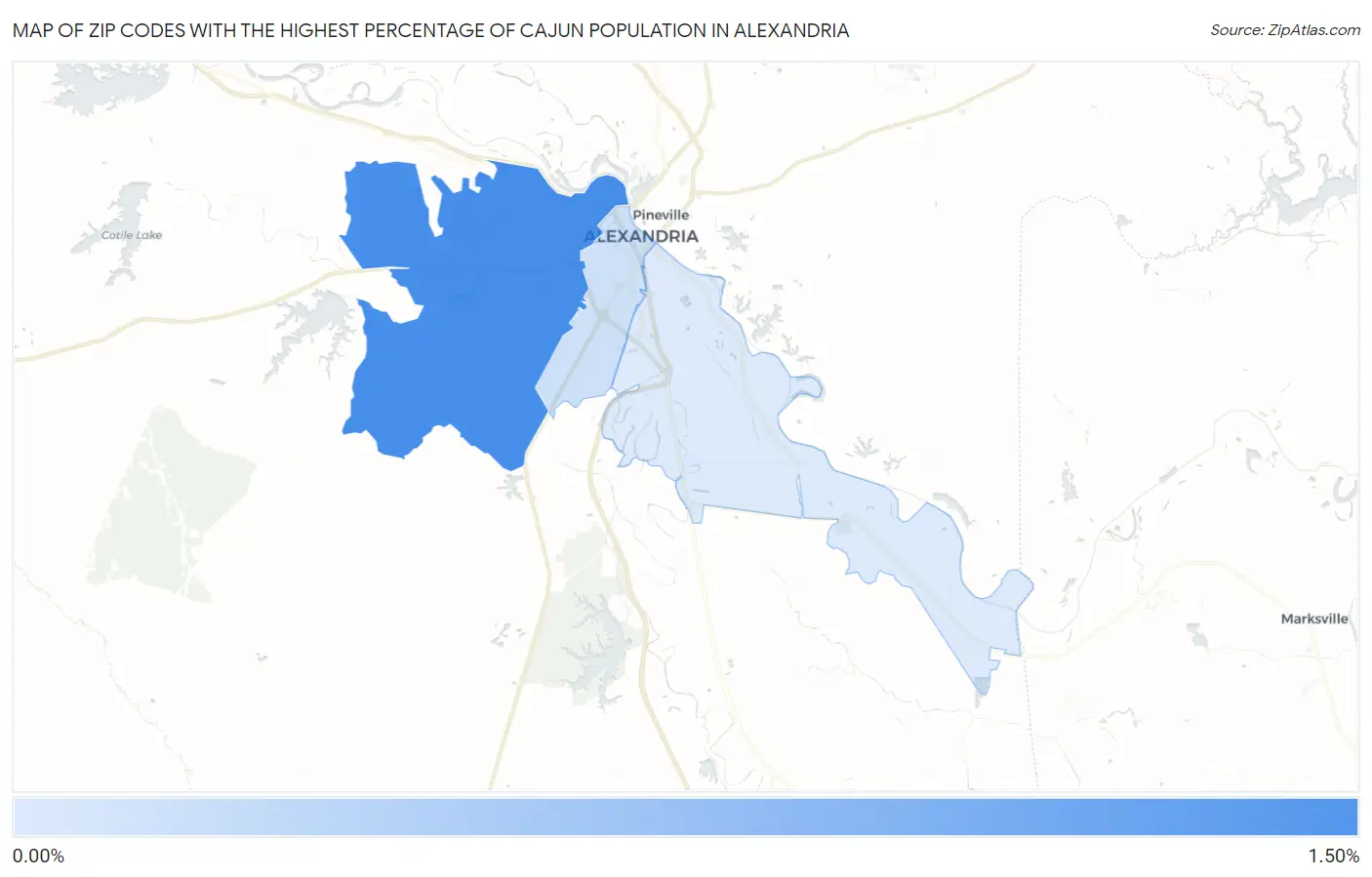 Zip Codes with the Highest Percentage of Cajun Population in Alexandria Map