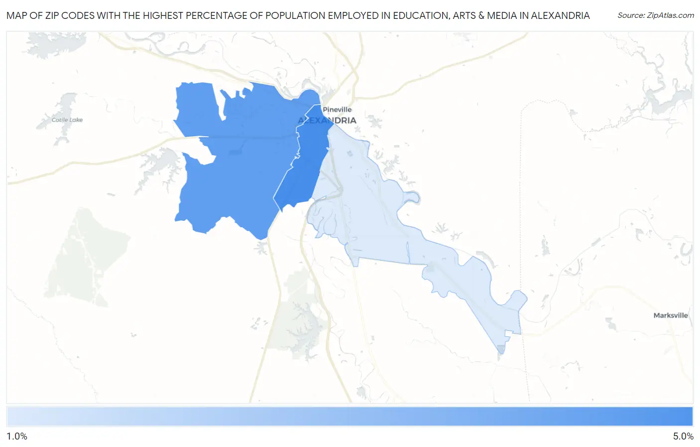 Zip Codes with the Highest Percentage of Population Employed in Education, Arts & Media in Alexandria Map