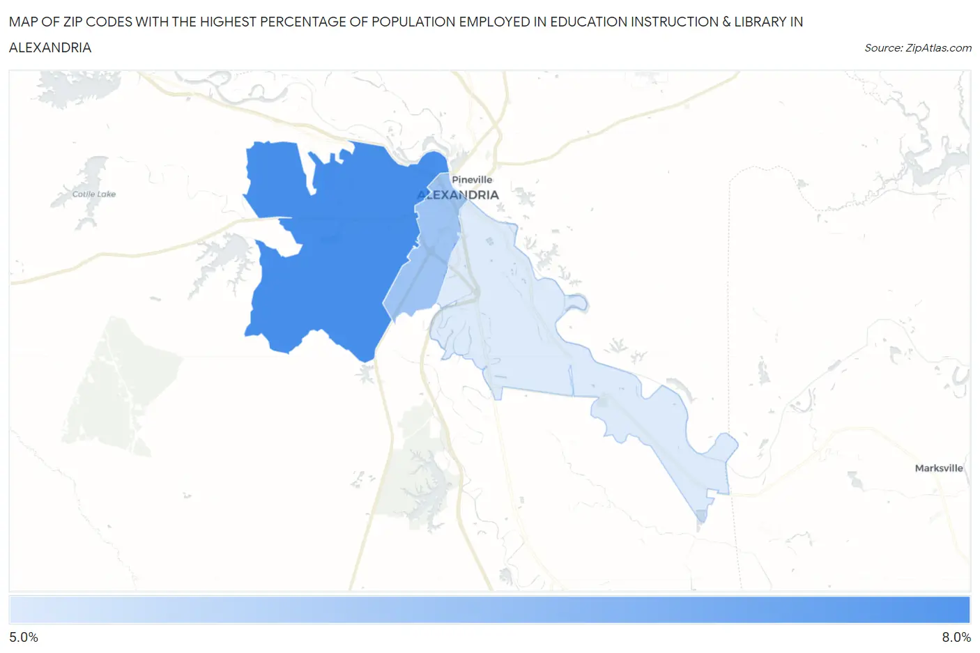 Zip Codes with the Highest Percentage of Population Employed in Education Instruction & Library in Alexandria Map