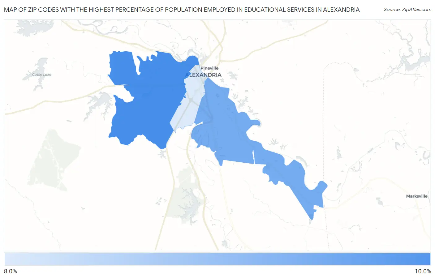 Zip Codes with the Highest Percentage of Population Employed in Educational Services in Alexandria Map