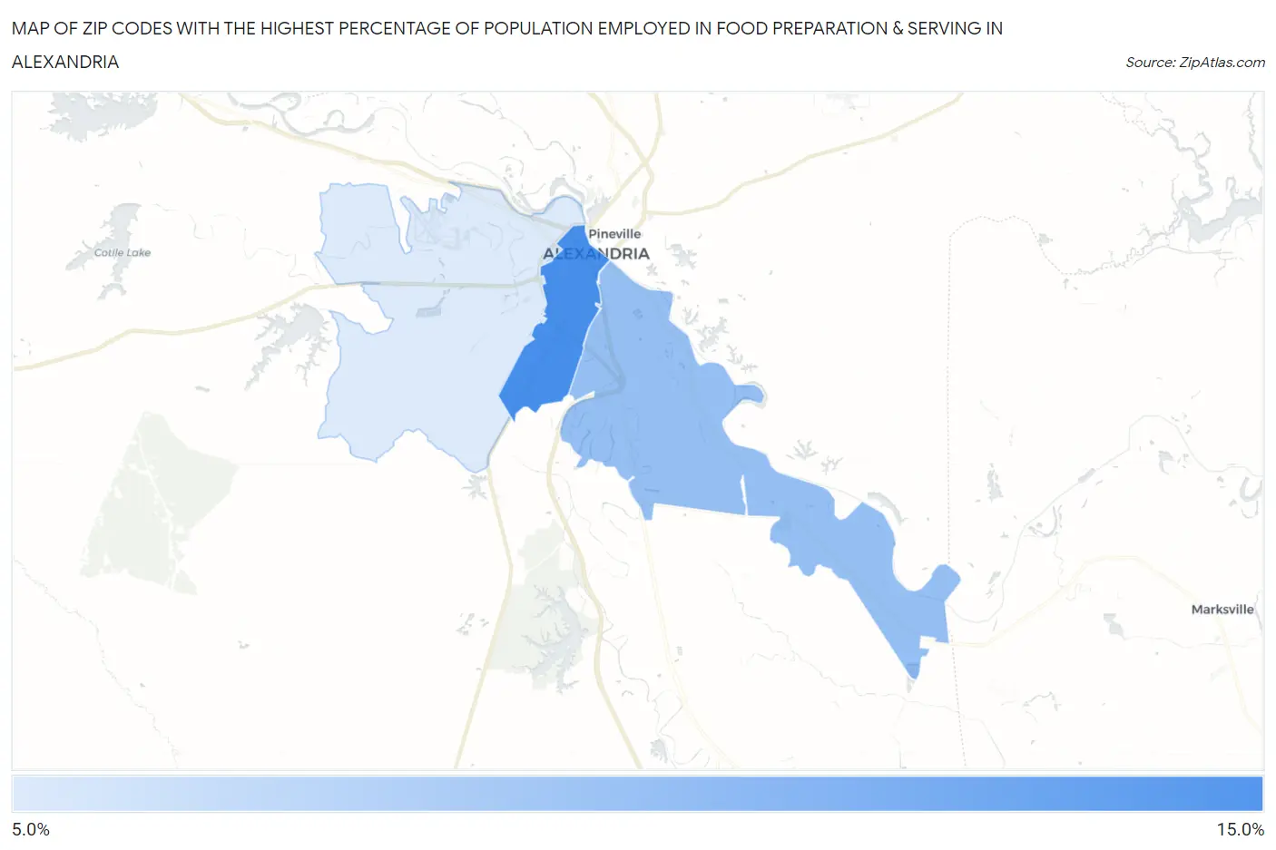 Zip Codes with the Highest Percentage of Population Employed in Food Preparation & Serving in Alexandria Map