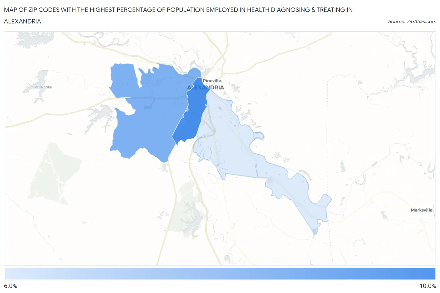 Zip Codes with the Highest Percentage of Population Employed in Health Diagnosing & Treating in Alexandria Map