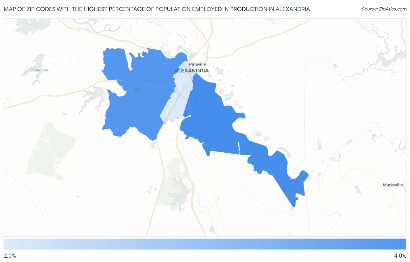 Zip Codes with the Highest Percentage of Population Employed in Production in Alexandria Map