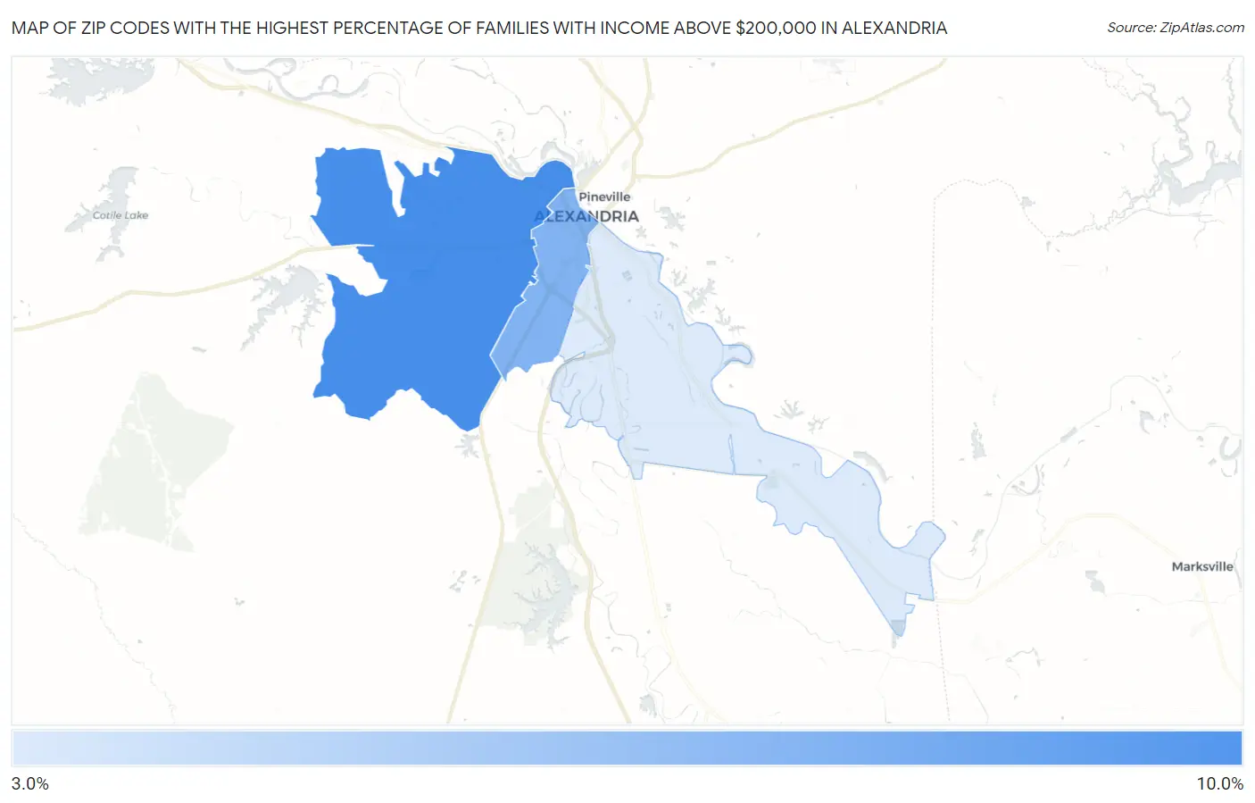 Zip Codes with the Highest Percentage of Families with Income Above $200,000 in Alexandria Map