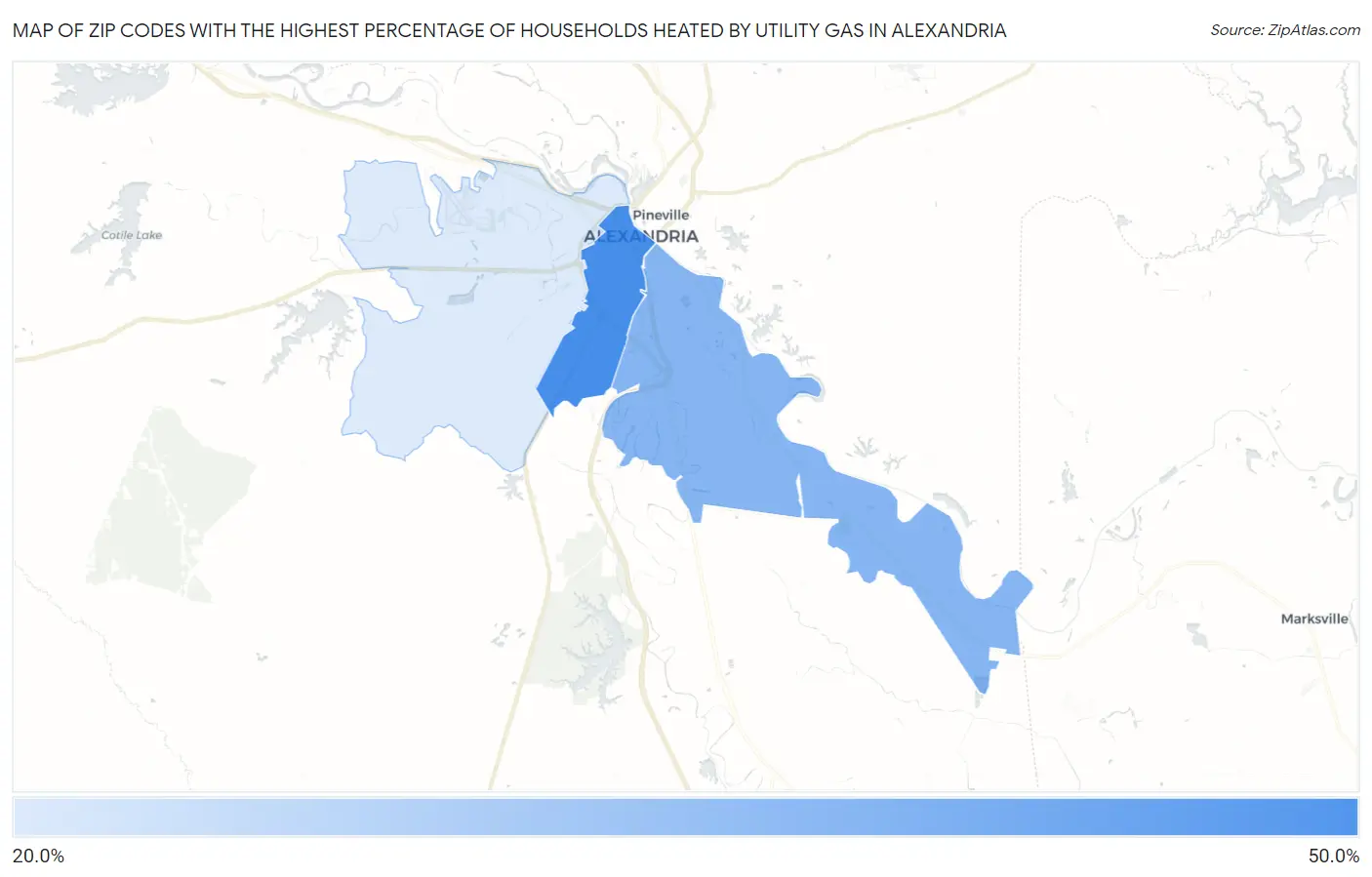 Zip Codes with the Highest Percentage of Households Heated by Utility Gas in Alexandria Map