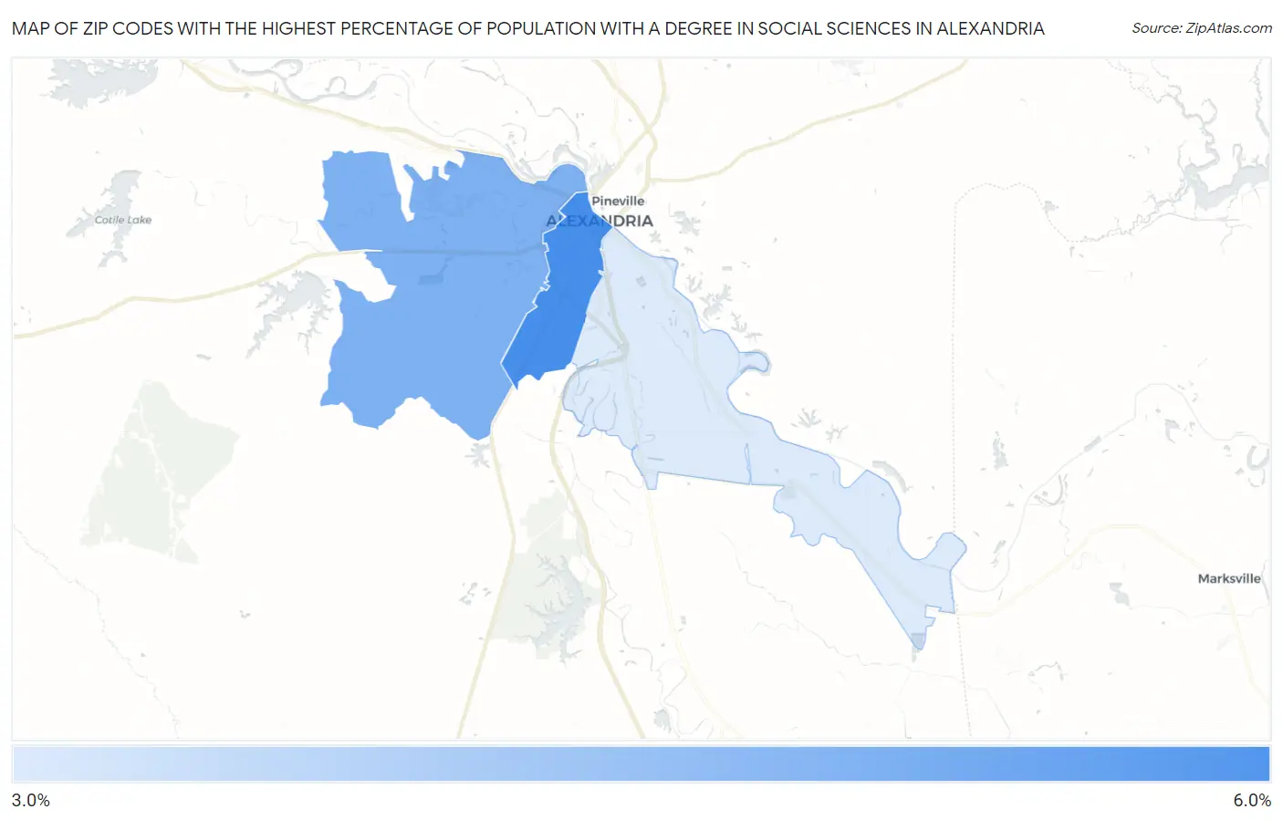 Zip Codes with the Highest Percentage of Population with a Degree in Social Sciences in Alexandria Map