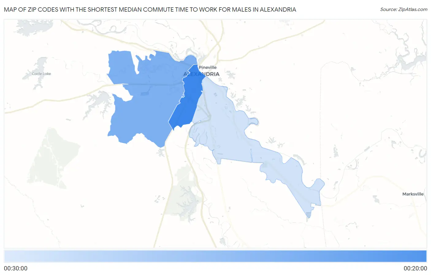 Zip Codes with the Shortest Median Commute Time to Work for Males in Alexandria Map