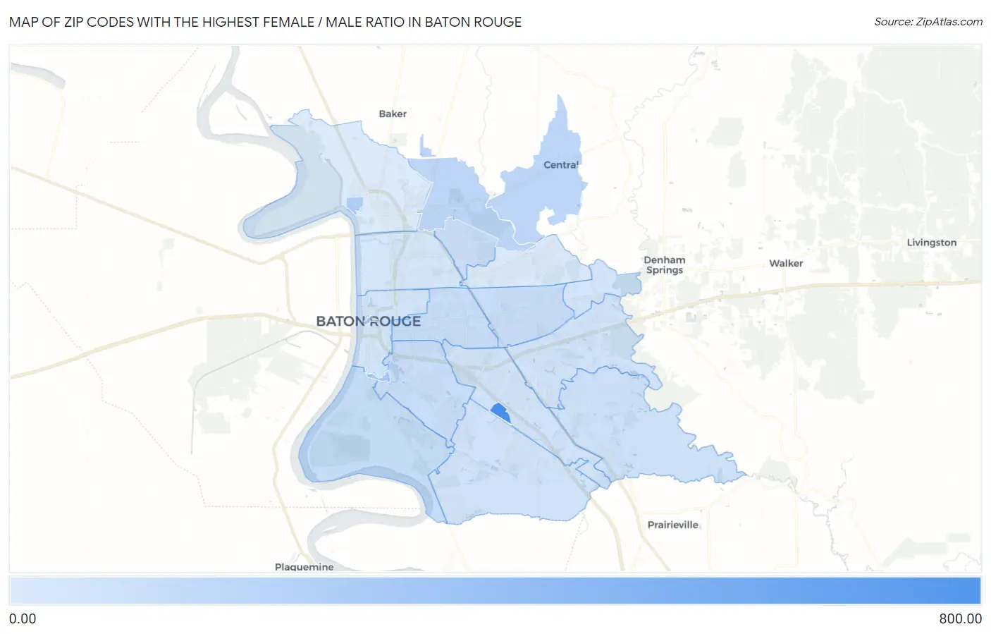 Zip Codes with the Highest Female / Male Ratio in Baton Rouge Map