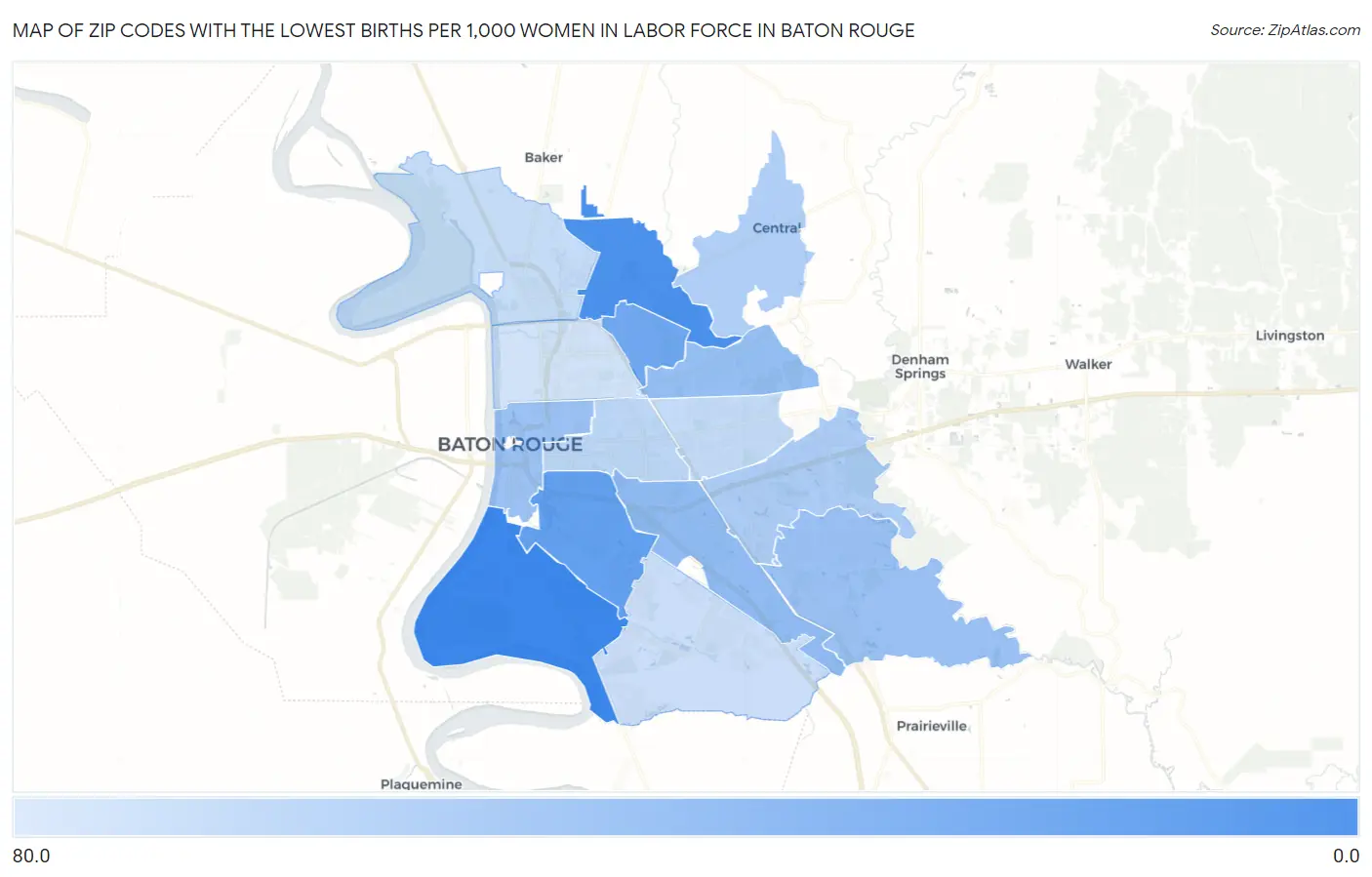 Zip Codes with the Lowest Births per 1,000 Women in Labor Force in Baton Rouge Map