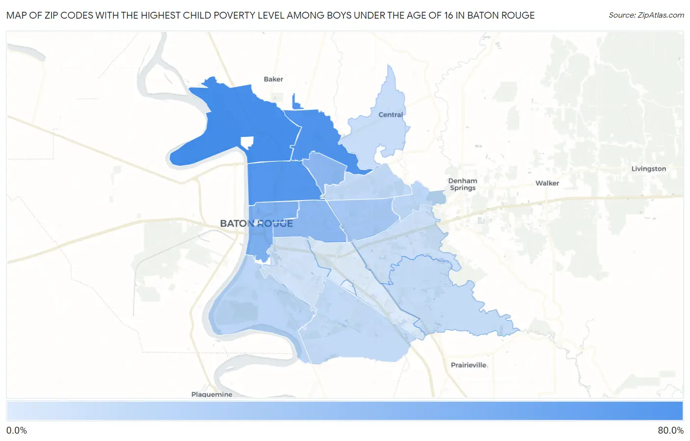 Zip Codes with the Highest Child Poverty Level Among Boys Under the Age of 16 in Baton Rouge Map