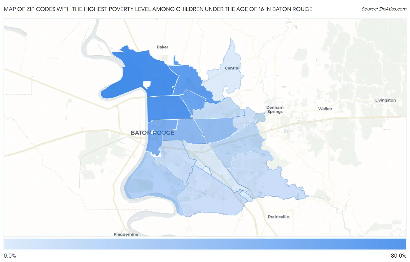 Zip Codes with the Highest Poverty Level Among Children Under the Age of 16 in Baton Rouge Map