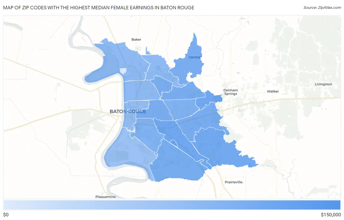 Zip Codes with the Highest Median Female Earnings in Baton Rouge Map