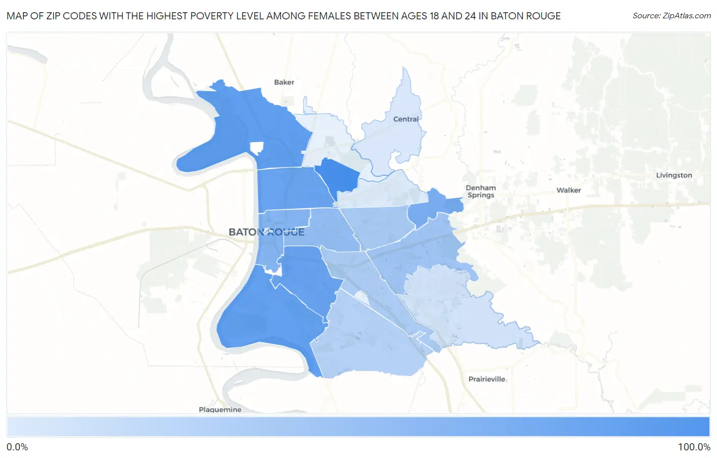 Zip Codes with the Highest Poverty Level Among Females Between Ages 18 and 24 in Baton Rouge Map