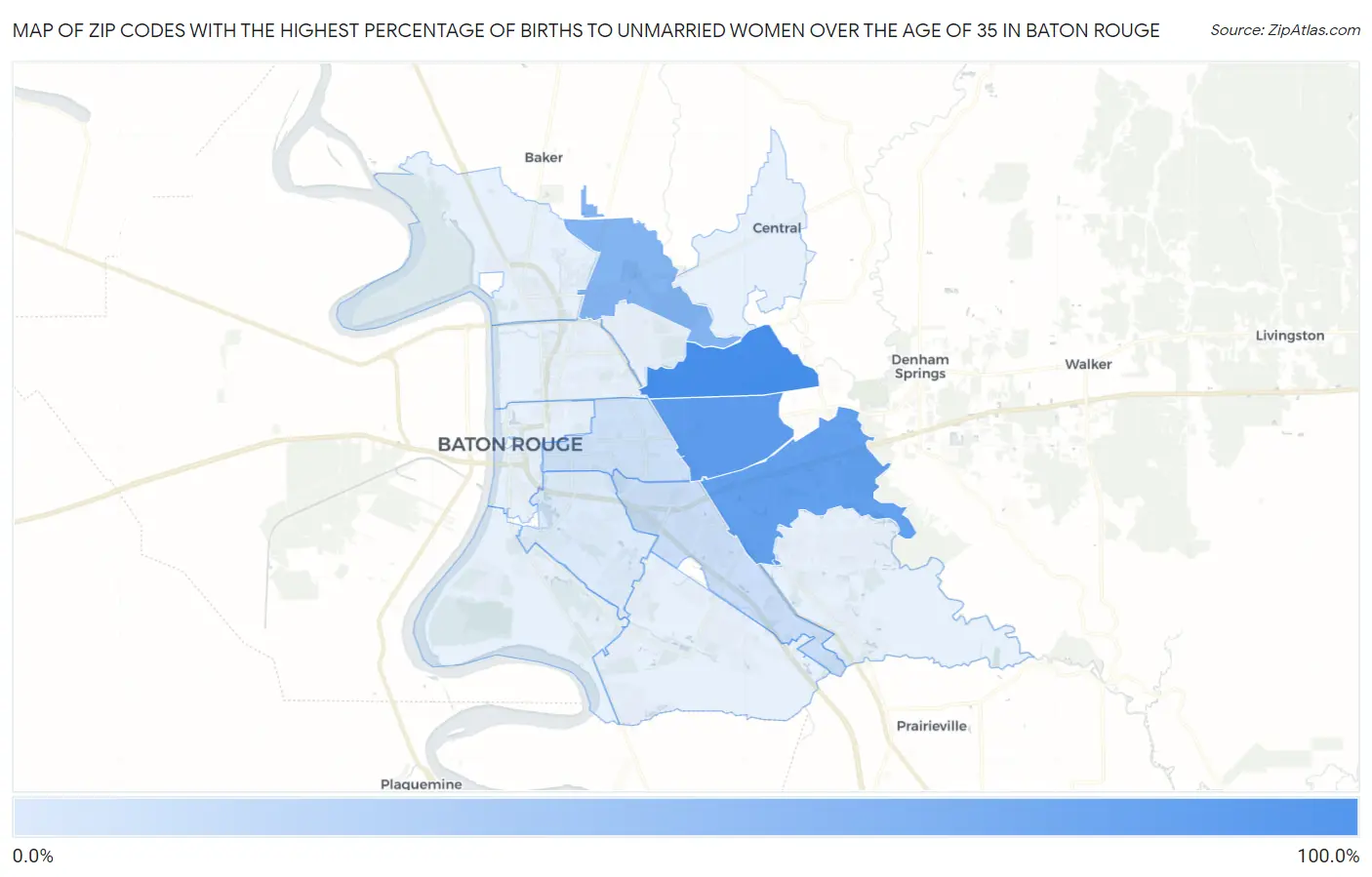 Zip Codes with the Highest Percentage of Births to Unmarried Women over the Age of 35 in Baton Rouge Map
