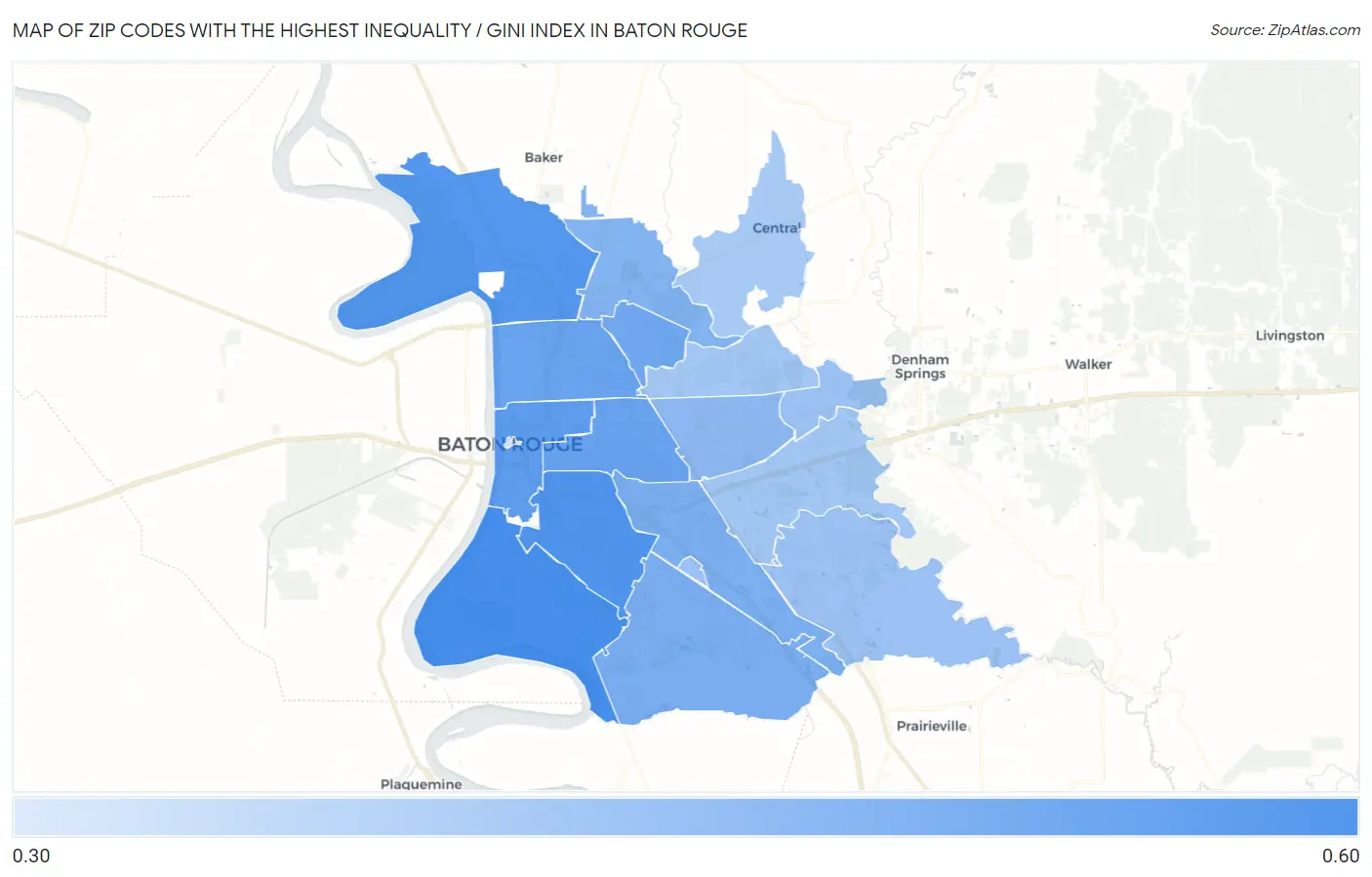 Zip Codes with the Highest Inequality / Gini Index in Baton Rouge Map