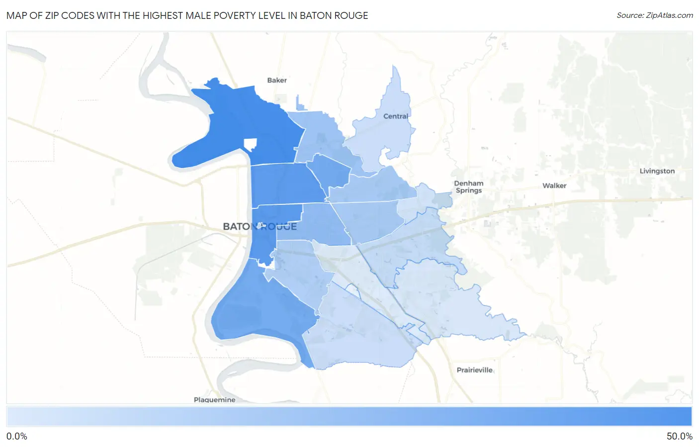 Zip Codes with the Highest Male Poverty Level in Baton Rouge Map