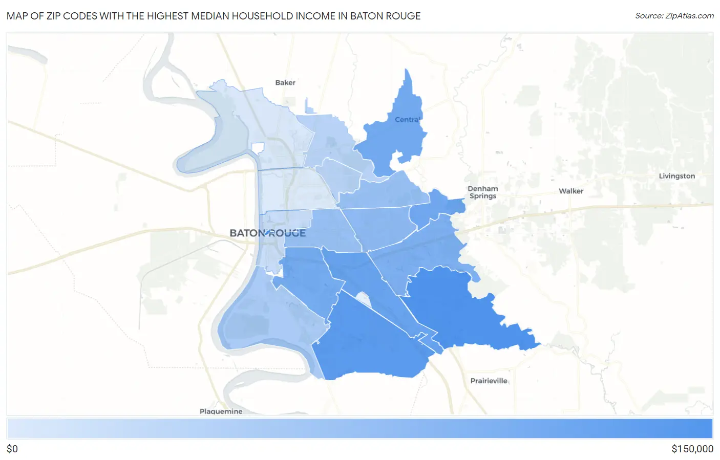 Zip Codes with the Highest Median Household Income in Baton Rouge Map