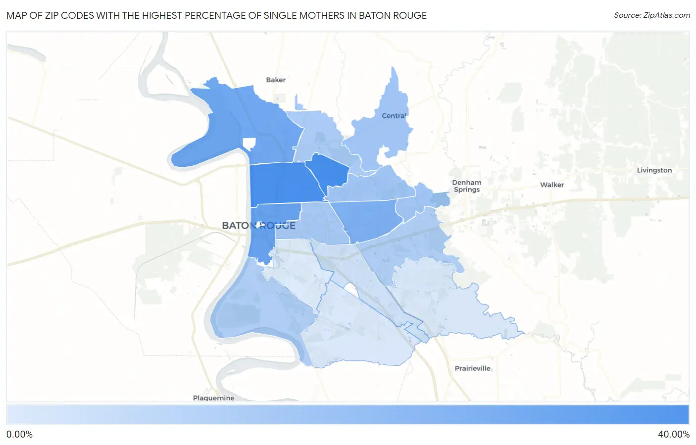Zip Codes with the Highest Percentage of Single Mothers in Baton Rouge Map