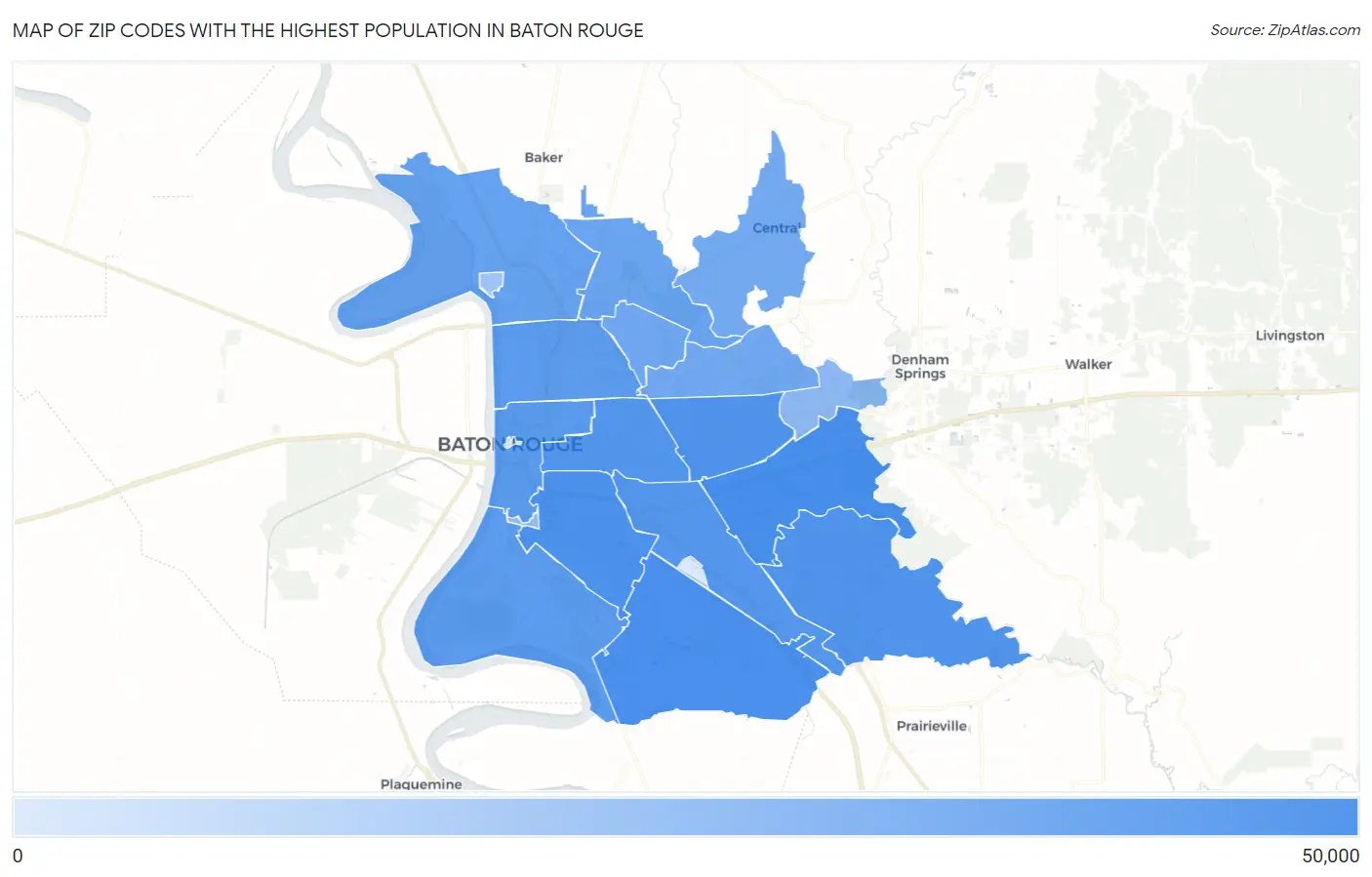 Zip Codes with the Highest Population in Baton Rouge Map