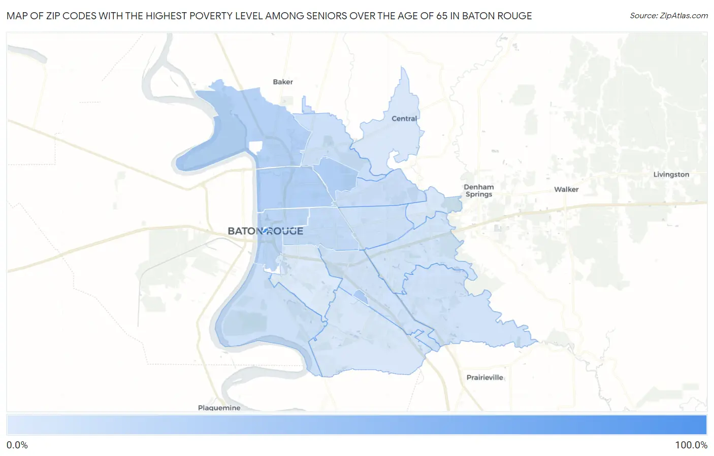 Zip Codes with the Highest Poverty Level Among Seniors Over the Age of 65 in Baton Rouge Map