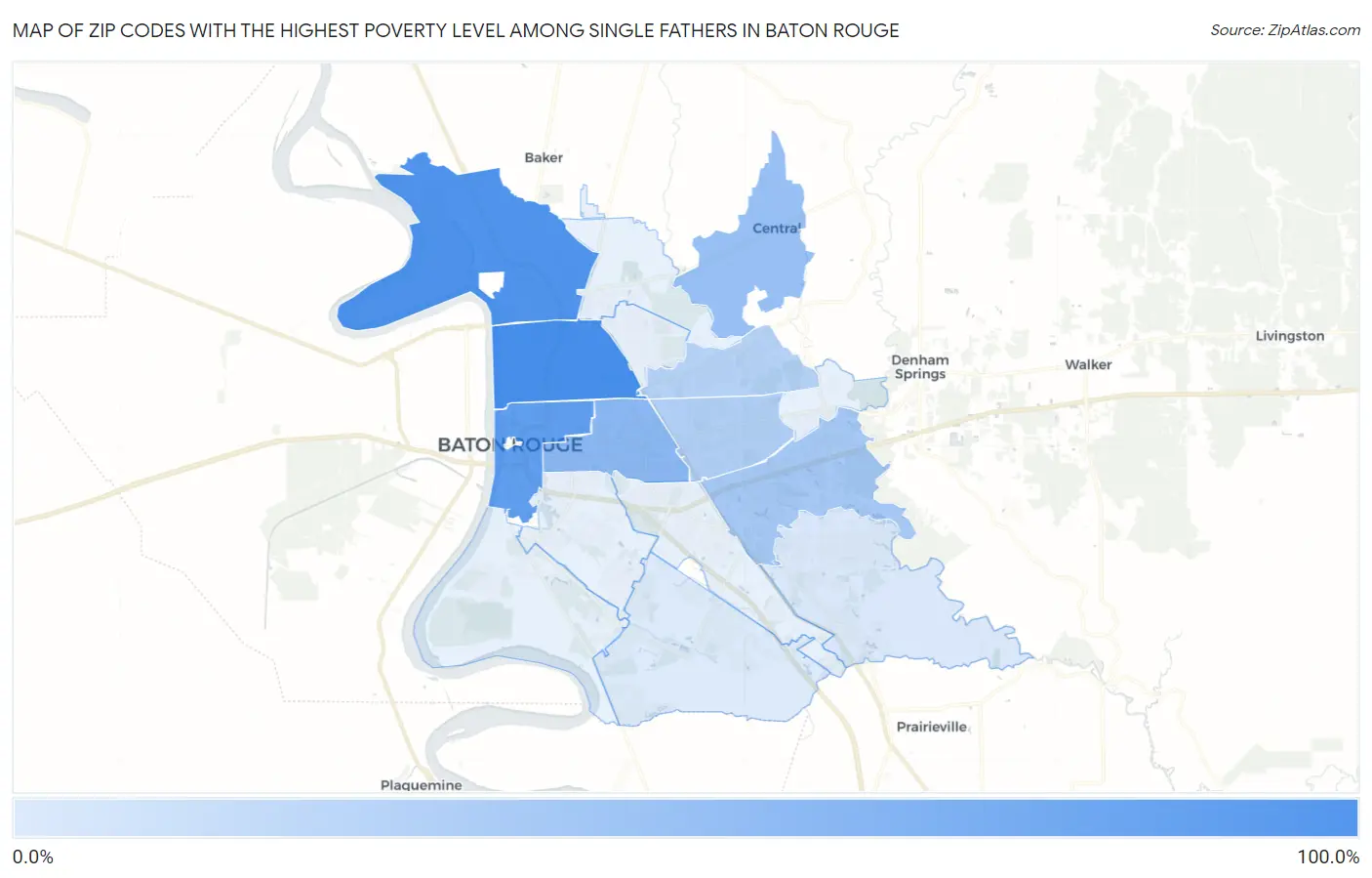 Zip Codes with the Highest Poverty Level Among Single Fathers in Baton Rouge Map