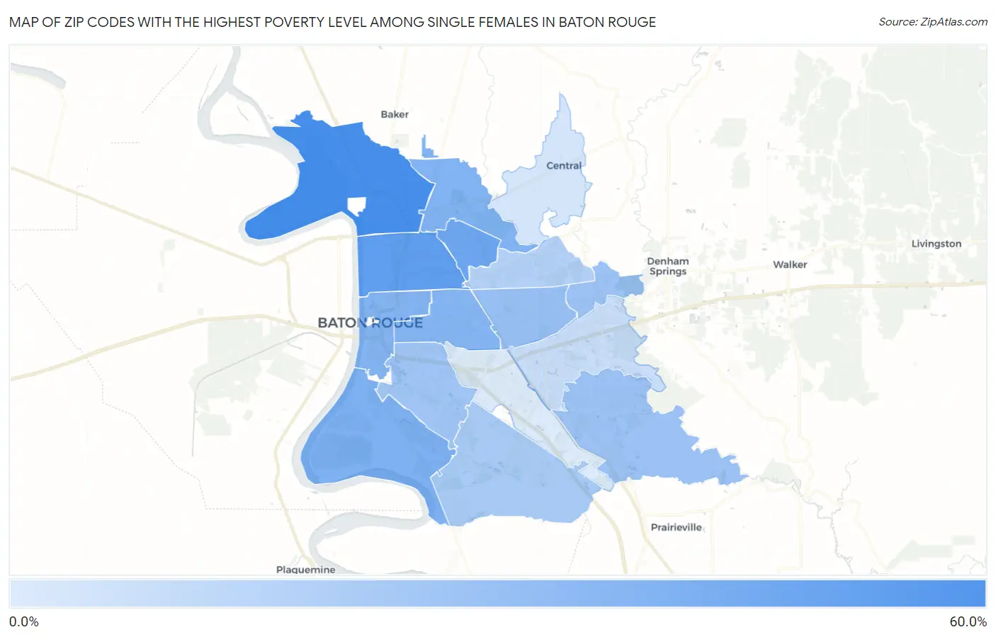 Zip Codes with the Highest Poverty Level Among Single Females in Baton Rouge Map